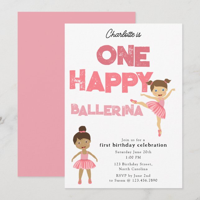One Happy Ballerina Invite 1st Girl Birthday (Front/Back)