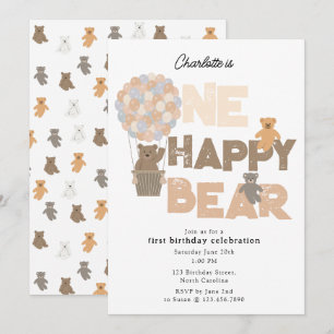One Happy Bear Invite 1st  First Birthday Cute