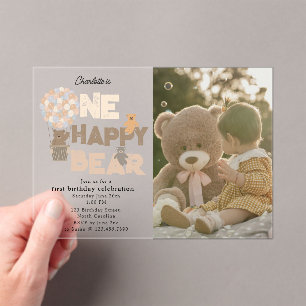 One Happy Bear Invite 1st First Birthday Photo Acrylic Invitations