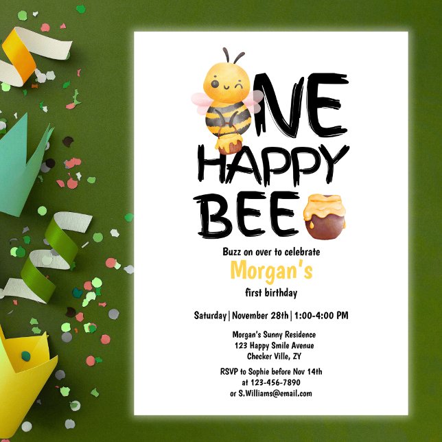 One Happy Bee Honey Yellow  Bee Girls 1st Birthday Invitation (Creator Uploaded)