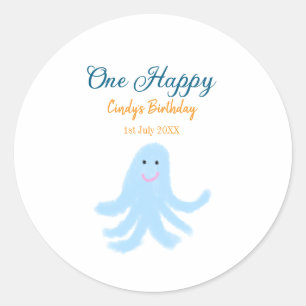One happy blue octopus under the sea birthday classic round sticker