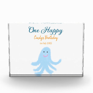 One happy blue octopus under the sea birthday photo block