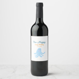 One happy blue octopus under the sea birthday wine label