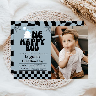One Happy Boo Fall Boy 1st Birthday Party Photo Invitation