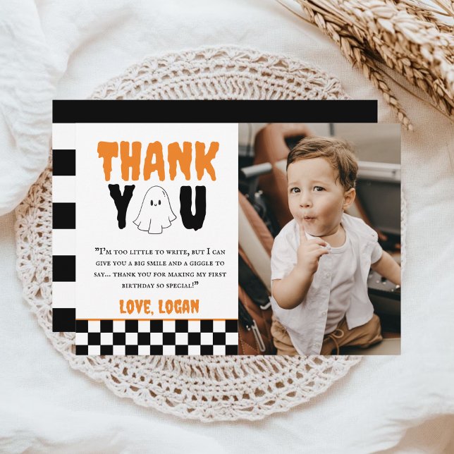 One Happy Boo Retro Boy 1st Birthday Party Photo Thank You Card (Creator Uploaded)