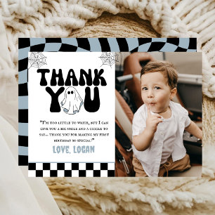 One Happy Boo Retro Boy 1st Birthday Party Photo Thank You Card