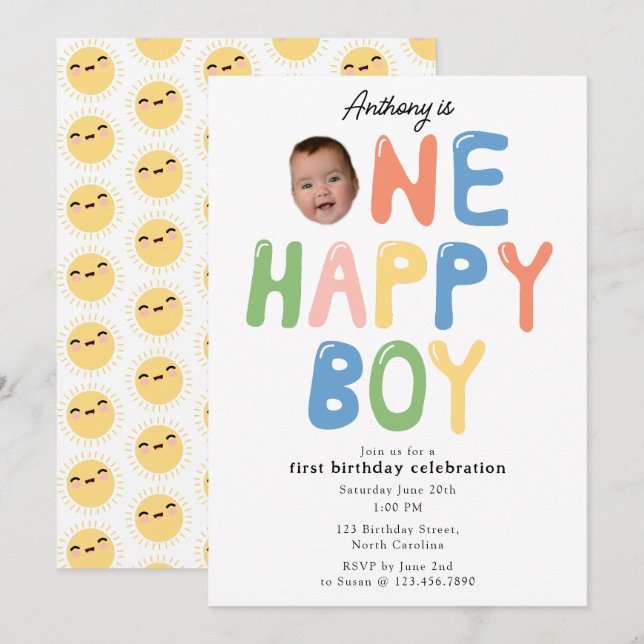 One Happy Boy Birthday Invite 1st Birthday Photo (Front/Back)