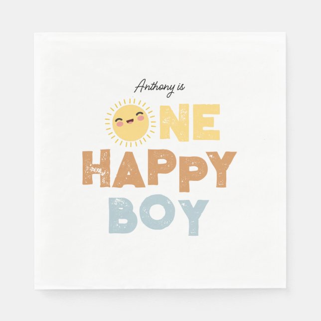 One Happy Boy Birthday Invite 1st Birthday Sun Napkin (Front)