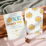 One Happy Boy Boho Sun First Birthday Invitation<br><div class="desc">Celebrate your little one's first birthday with our "One Happy Boy" invitation! This minimalist design features a retro font, complemented by a watercolor sun and star accents. Set against a soft vintage white background, the muted colour scheme of blue, orange, and yellow enhances the nostalgic feel. Fully customisable to suit...</div>