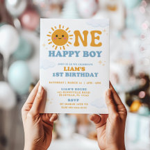 ONE Happy Boy First Birthday Invitation, Sun theme