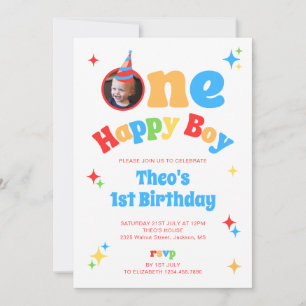 One Happy Boy Fun Colourful 1st Birthday Photo Invitation