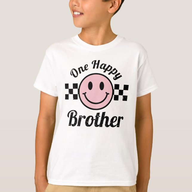 One Happy Brother Pink Smile 1st Birthday Matching T-Shirt (Front)