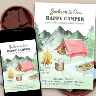 One Happy Camper 1st Birthday Camping Invitation