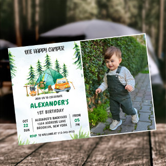 One Happy Camper 1st Birthday Camping Photo  Invitation