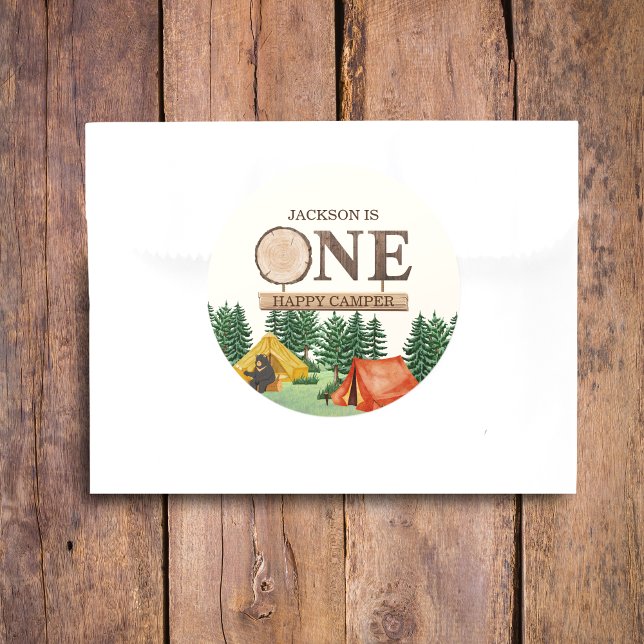 ONE Happy Camper 1st birthday Classic Round Sticker (Creator Uploaded)