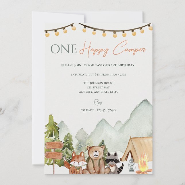 One Happy Camper 1st Birthday Party Invitation (Front)