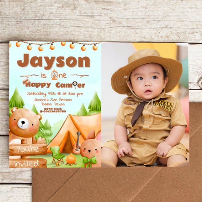 One Happy Camper - 1st birthday with Photo Invitation (One Happy Camper - 1st birthday Landscape Invitation with Photo)