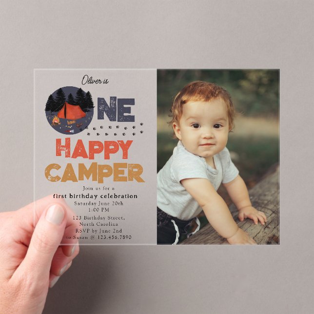 One Happy Camper 1st Summer Birthday Photo Acrylic Invitations (Insitu (Handheld))