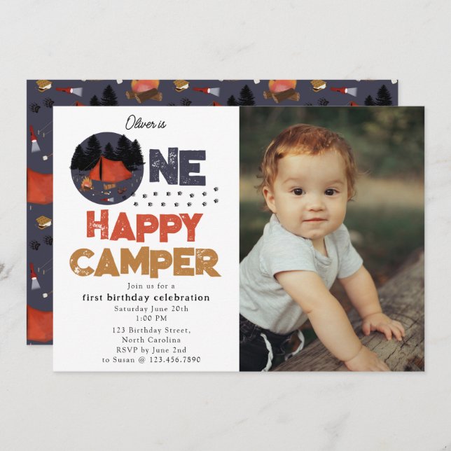 One Happy Camper 1st Summer Birthday Photo Invitation (Front/Back)