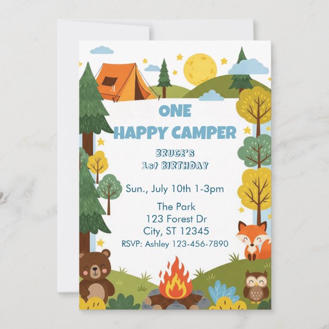One Happy Camper, Animals 1st Birthday Invitation (Front)