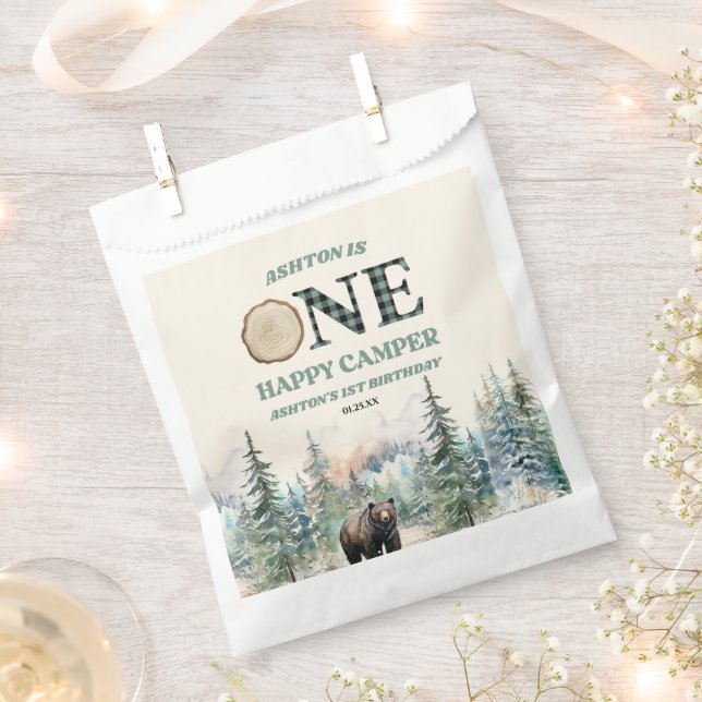 ONE Happy Camper Bear 1st Birthday Party Favour Bag (Clipped)