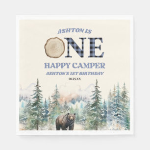 ONE Happy Camper Bear Blue 1st Birthday Party Napkin