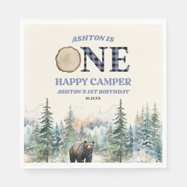 ONE Happy Camper Bear Blue 1st Birthday Party Napkin (Front)