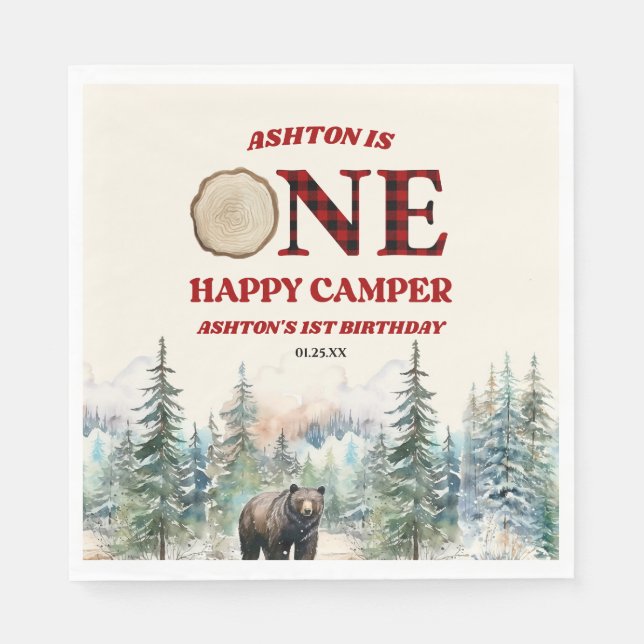 ONE Happy Camper Bear Red 1st Birthday Party Napkin (Front)