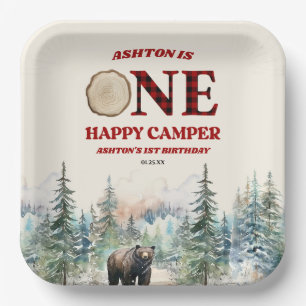 ONE Happy Camper Bear Red 1st Birthday Party Paper Plate