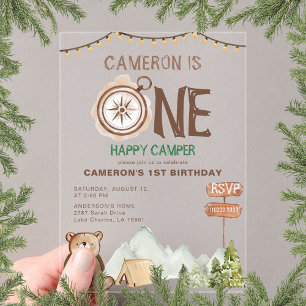 One Happy Camper Bear Woodland 1st Birthday  Acrylic Invitations