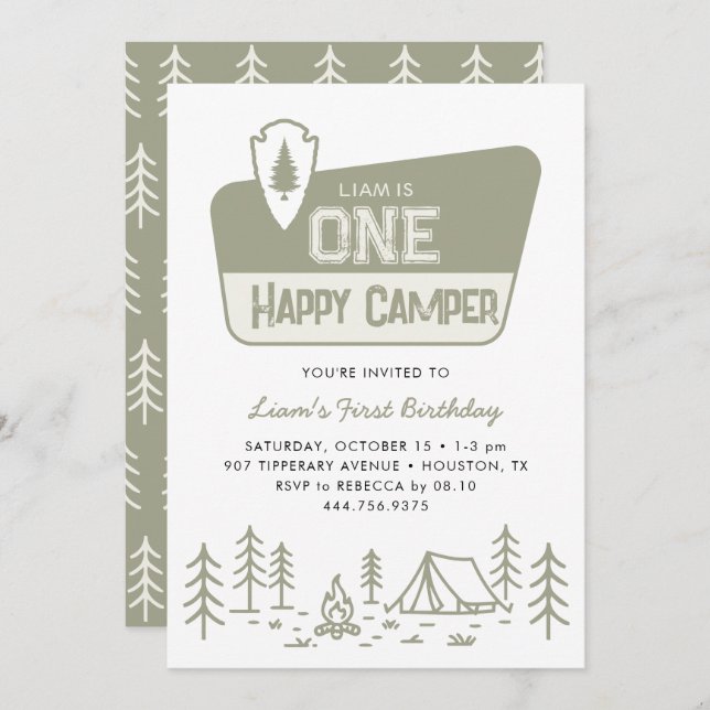 One Happy Camper Boys 1st Camping Forest Birthday Invitation (Front/Back)