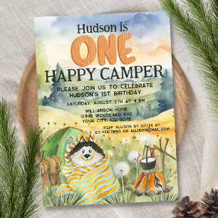 One Happy Camper Boys 1st First Birthday Cute Dog Invitation