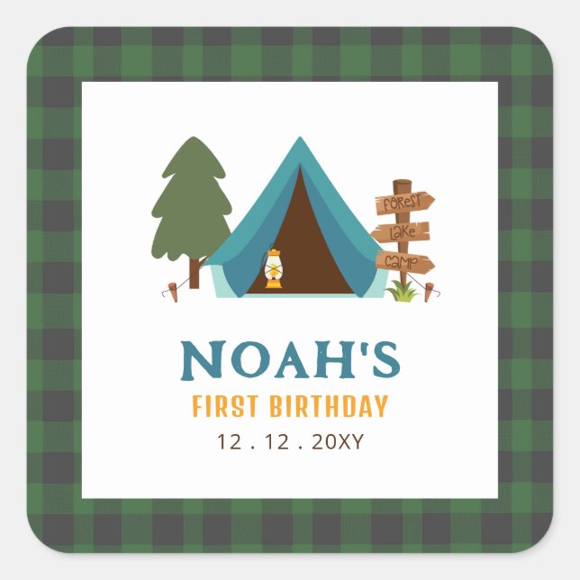 One Happy Camper Boys First Birthday Square Sticker (Front)