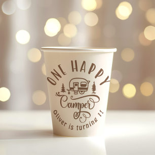 One Happy Camper brown minimalist 1st birthday Paper Cups
