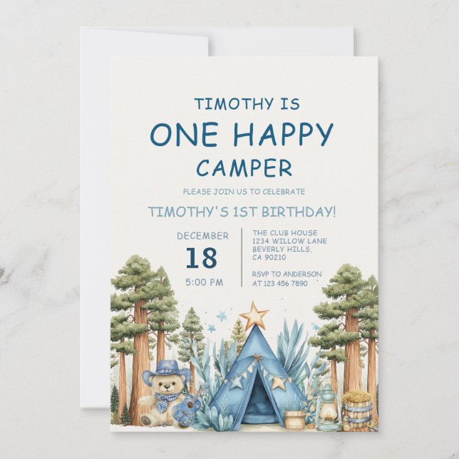 One Happy Camper Camping 1st Birthday  Invitation (Front)