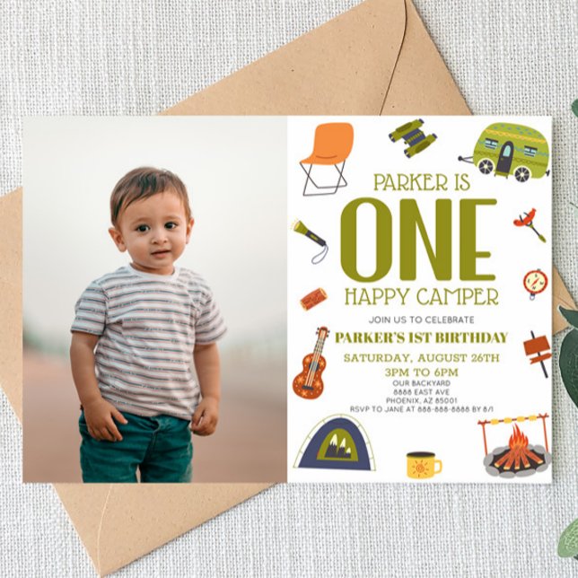 One Happy Camper Camping 1st First Birthday Party Invitation (Creator Uploaded)