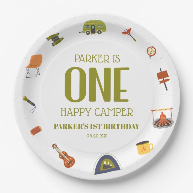 One Happy Camper Camping 1st First Birthday Party Paper Plate (Front)