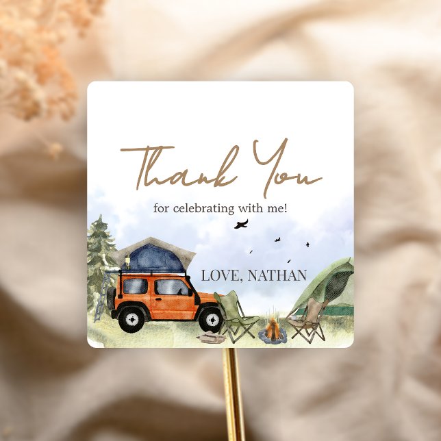 One Happy Camper Camping Boy Birthday Square Sticker (One Happy Camper 1st Birthday Party Sticker)