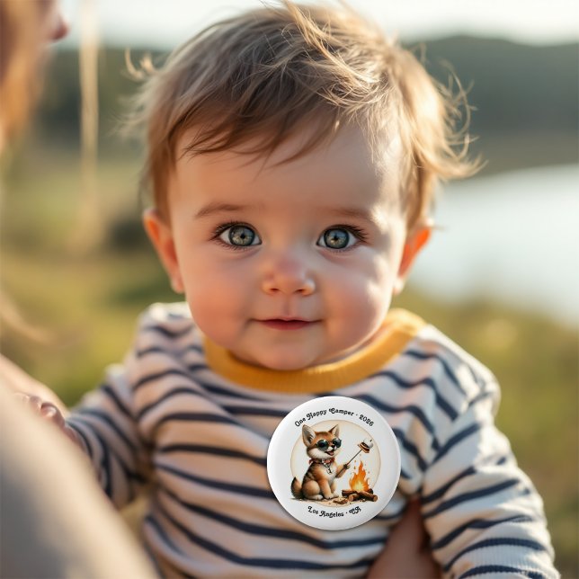 One Happy Camper Coyote Camping 1st Birthday 6 Cm Round Badge (One Happy Camper Coyote Camping 1st Birthday Button)