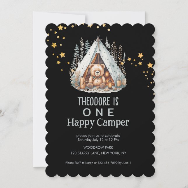 One Happy Camper Cute Celestial Bear Birthday  Invitation (Front)