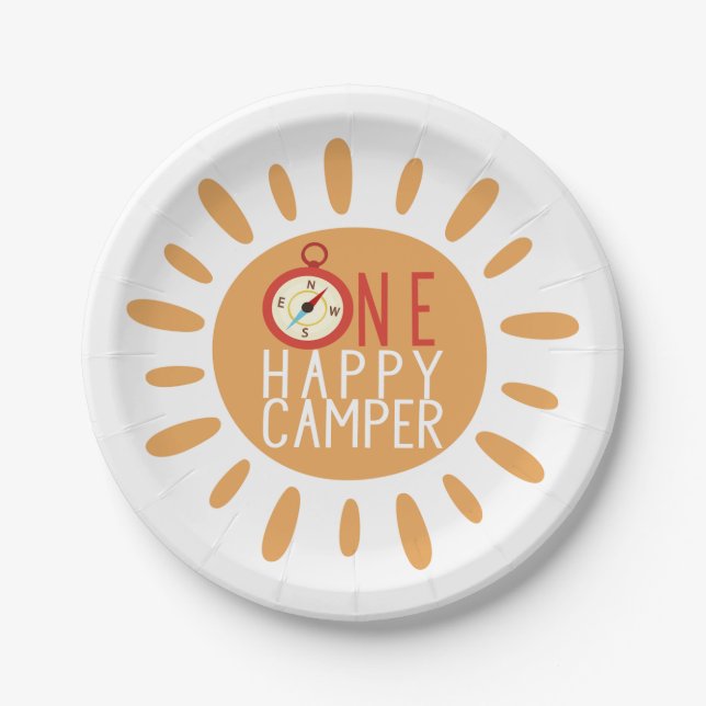One Happy Camper First Birthday Camping Sun Party Paper Plate (Front)