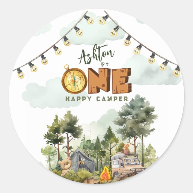 One Happy Camper First Birthday  Classic Round Sticker (Front)