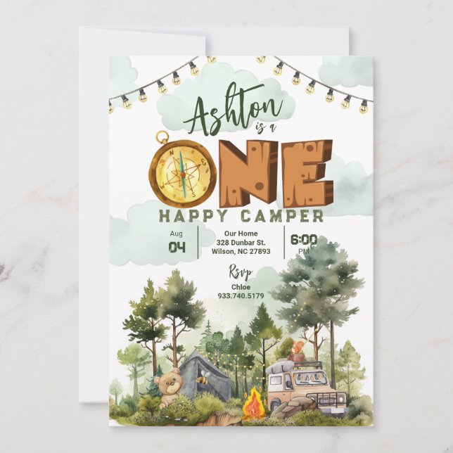 One Happy Camper First Birthday Invitation (Front)
