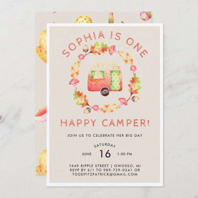 One Happy Camper First Birthday Party Invitation (Front/Back)