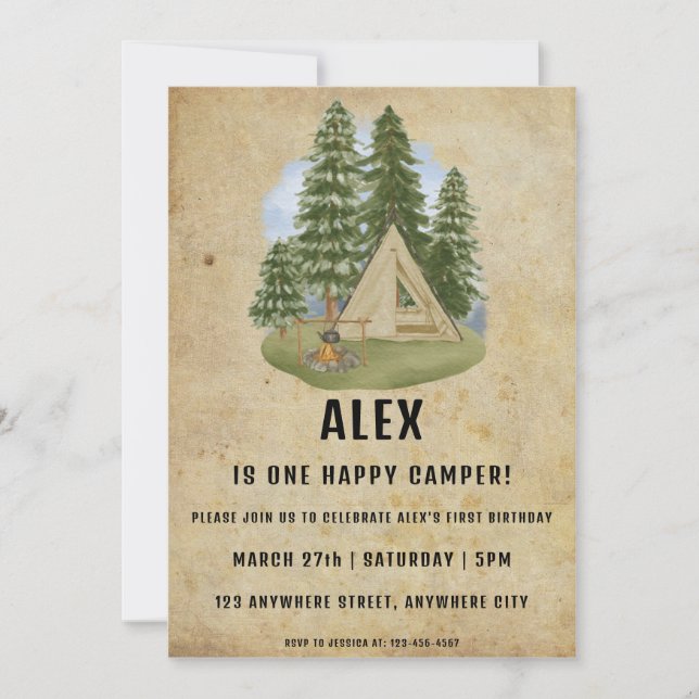 One Happy Camper First Birthday Party Invitation (Front)