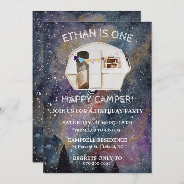 One Happy Camper First Birthday Party Invitation (Front/Back)
