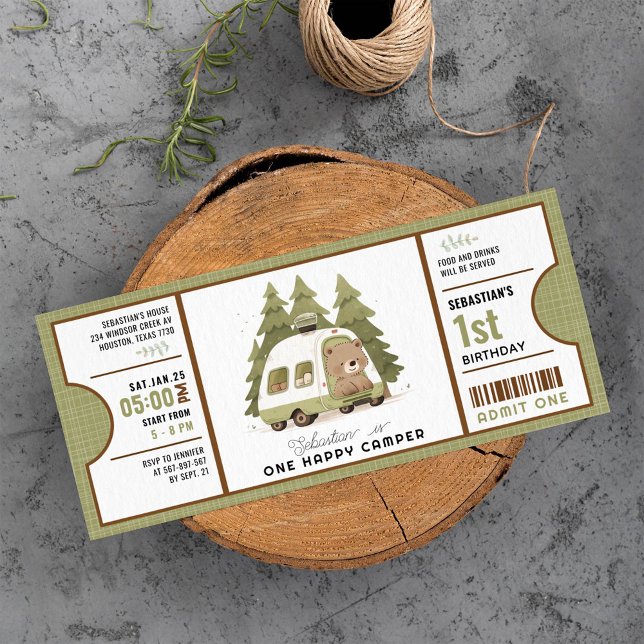 One Happy Camper First Birthday ticket Invitation (Creator Uploaded)