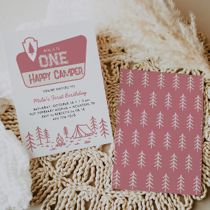 One Happy Camper Girls 1st Camping Forest Birthday Invitation