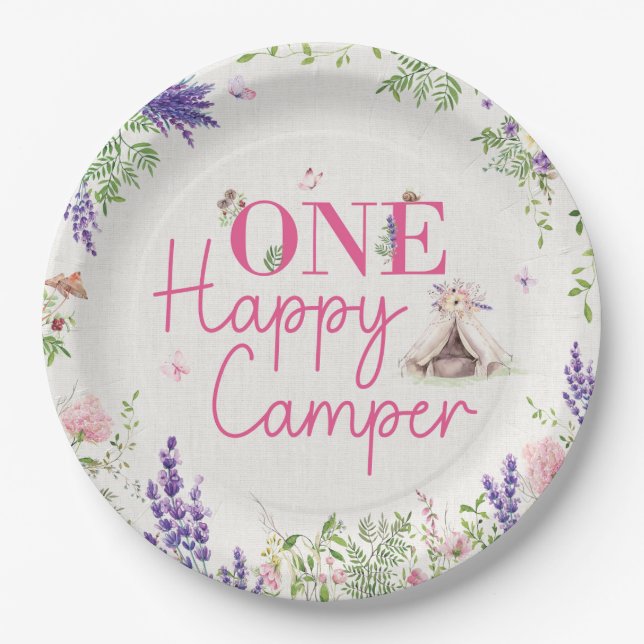 One Happy Camper Girls First Birthday Paper Plate (Front)