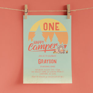 One Happy Camper Green Birthday Invitation